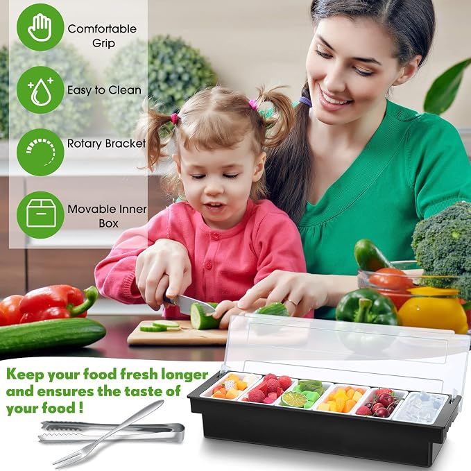 2 Pcs Garnish Tray with Lid for Bartender Condiment Caddy Removable Chilled Fruit Condiment Server with 6 Tong and 6 Fork for Serving Salad Bar Topping Organizer for Restaurant Supply(6 Compartments) - Image 4