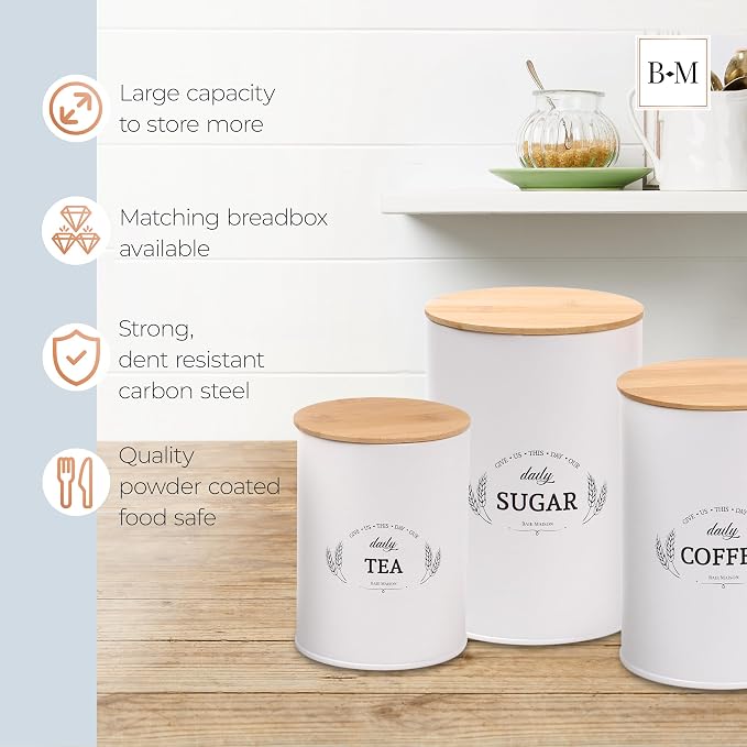 Baie Maison Extra Large White Farmhouse Bread Box for Kitchen Countertop - Bread Storage with Matching Large Kitchen Canisters Set of 3 - Coffee Tea Sugar Container Set (Bread Box & Canisters) - Image 5