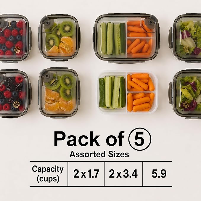 BPA-Free Plastic Airtight Food Storage Containers with Vented Lids, 5-Pack Assorted Sizes (2×1.7, 2×3.4 & 1×5.9 Cups) for Meal Prep and Leftovers - Image 5
