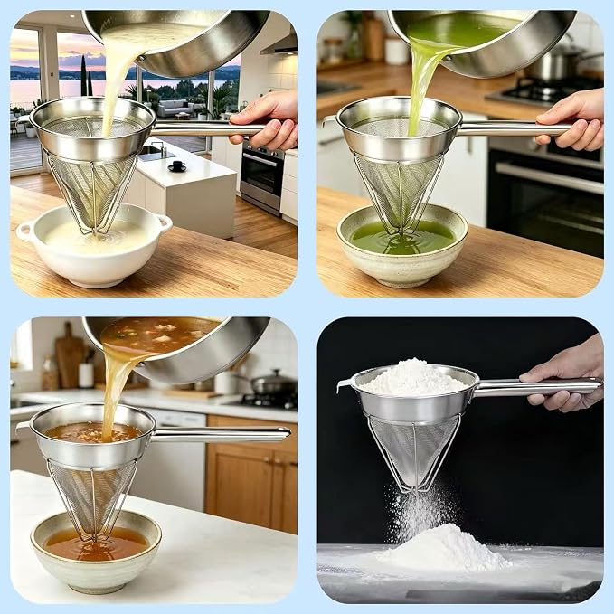 8-Inch Stainless Steel Fine Mesh Chinois Strainer | Large Strainer Reinforced Bouillon Strainer for Sauces, Soups, Purees, Pastes, Jelly, Custard, Curds and etc. - Image 5