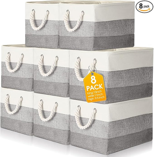 meekoo 8 Pack Collapsible Storage Bins Fabric Storage Bins Polyester Fabric Baskets with Handles Linen Closet Organizer for Shelf Home Closet Towels Toys(15 x 11 x 9.5 in,Mixed Gray) by meekoo