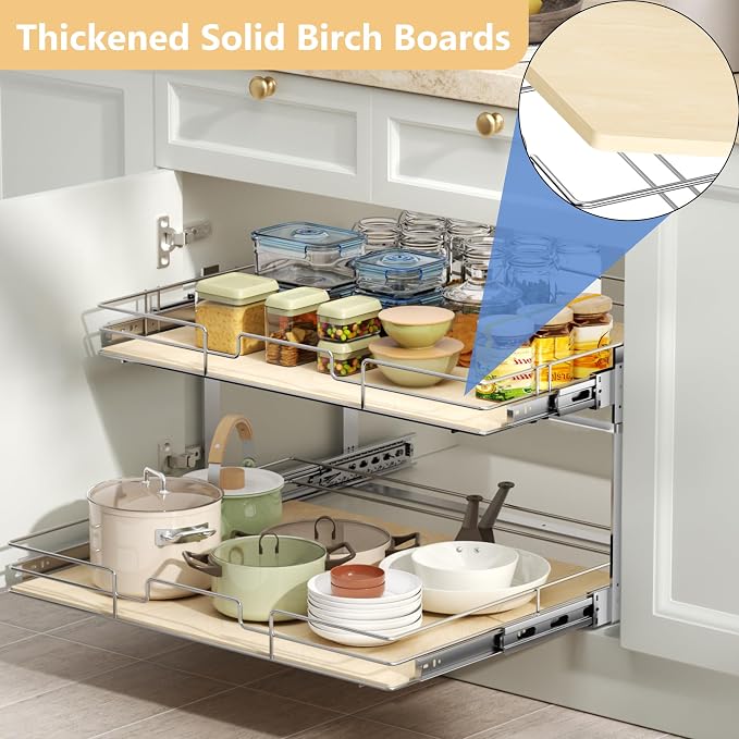 ROOMTEC 2 Tier Individual Pull Out Cabinet Organizer 31½"W x 21½"D, Slide Out Wood Shelves Organizers, Pull Out Drawers Organization and Storage for Kitchen Cabinet - Image 2