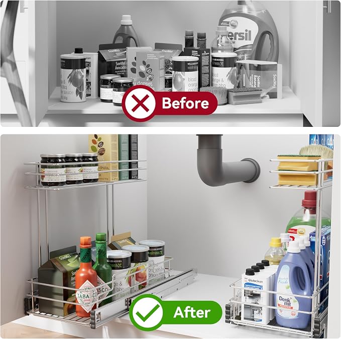 Under Sink Organizer 9" W X17 D, Pull Out Cabinet Organizer 2 Tier | Under Sink Slide Out Chrome Plated, Under Kitchen Bathroom Organizer, Pantry Cabinet Closet Organization Rack, 1 Pack - Image 3