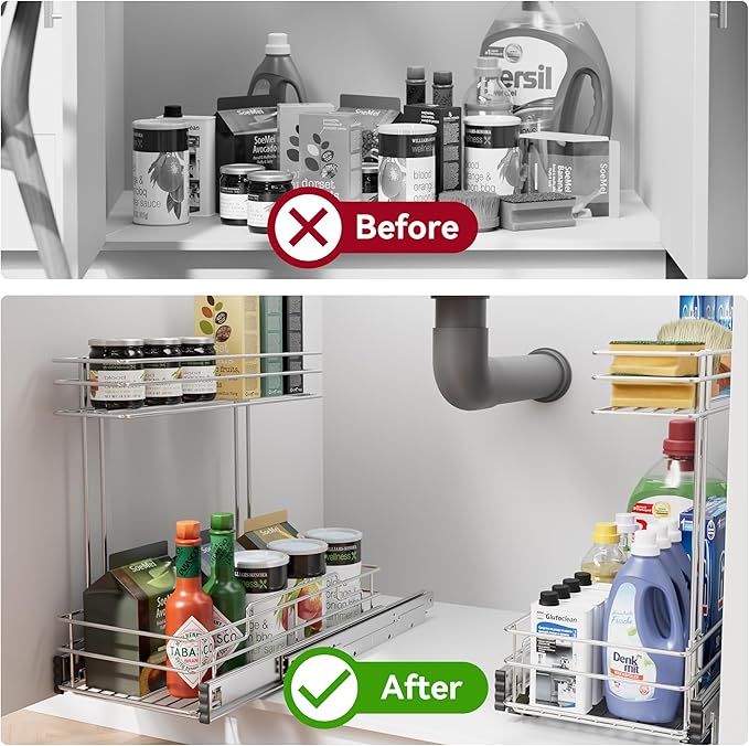 Under Sink Organizer 9" W X17 D, Pull Out Cabinet Organizer 2 Tier | Under Sink Slide Out Chrome Plated, Under Kitchen Bathroom Organizer, Pantry Cabinet Closet Organization Rack, 1 Pack - Image 3