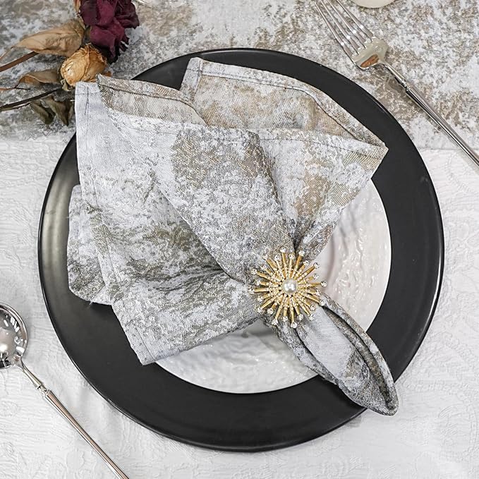 Silver Cloth Napkins Set of 4, 18 x 18 Inch | Reusable Washable Cotton Polyester Dinner Napkins Soft Luxury Elegant Fancy Jacquard Fabric Table Napkins by ZIWUROAD