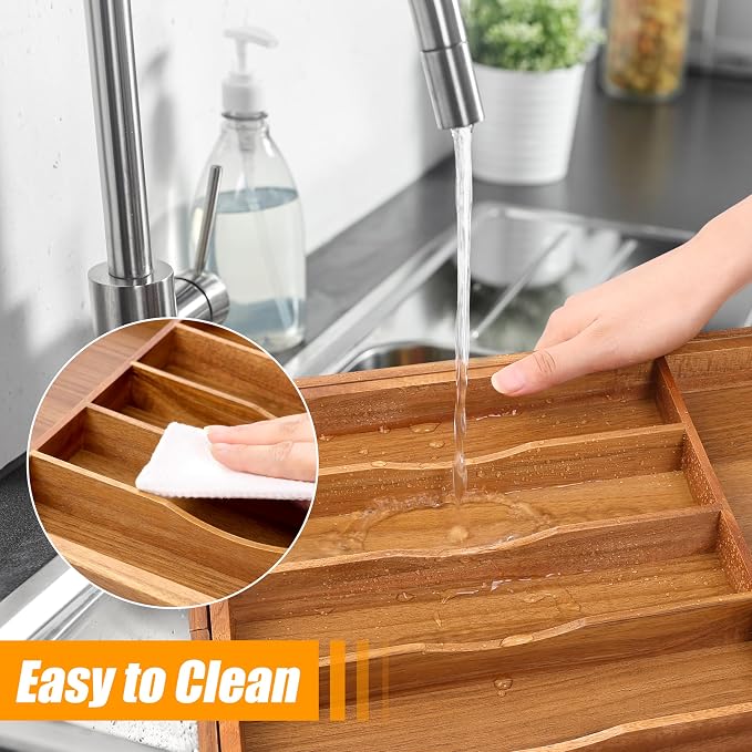 Large Premium Acacia Wood Silverware Organizer - Expandable Utensil Drawer Organizer - 17"x19.6" Utensil Holder and Cutlery Tray with Grooved for Kitchen Flatware Utensils(7-9 Slot, Acacia) - Image 6