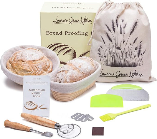 Laura's Green Kitchen Complete Sourdough Starter Kit – Sourdough Bread Baking Supplies with 2 Banneton Bread Proofing Basket, Linen Liners, Bread Lame, 5 Bread Blade for Scoring Dough, Scraper & More by LaurasGreenKitchen