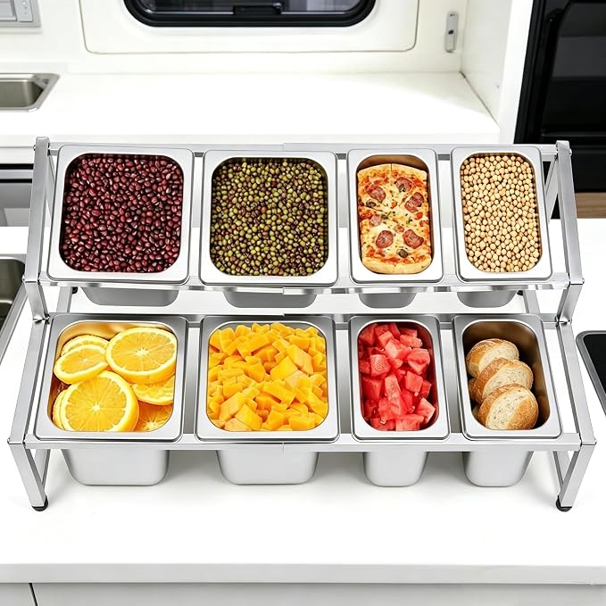 Telescoping Pizza Topping Station Condiment Container Food Prep Holder | 8 Pans & Spoons, Stainless Steel Container Set Ingredients Holder Spice Rack for Kitchen Buffet Pizza Oven Accessories - Image 8