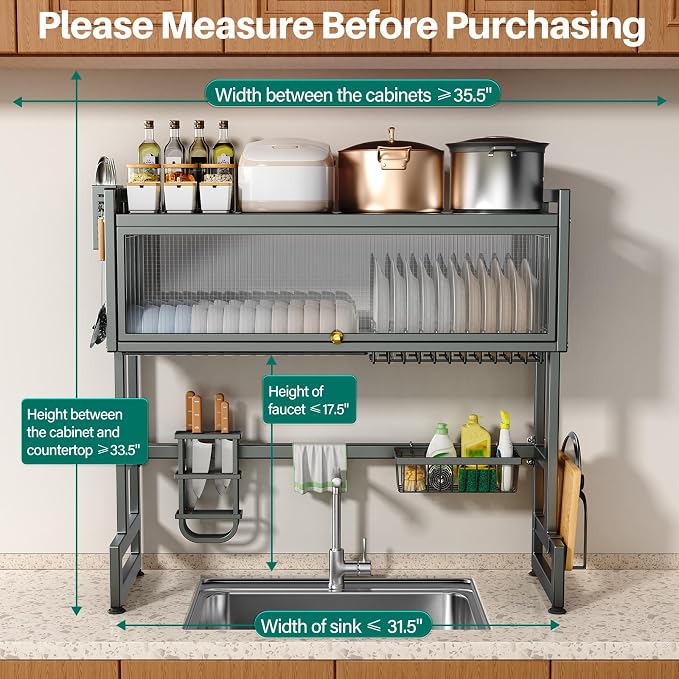 Over the Sink Dish Drying Rack 3 Tier with Dustproof Flip-Up Cover | Large Dish Drainer Storage Counter Organizer,Space-Saving Dish Rack for Dishes and Cutlery,Fits Sinks up to 36 Inches(Gray) - Image 7