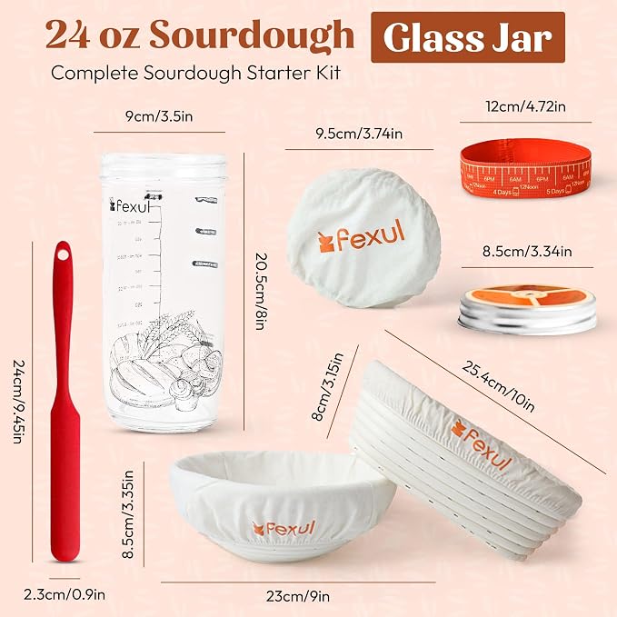 Sourdough Starter Kit with 9” Round & 10” Oval Banneton Bread Proofing Baskets, 24oz Starter Jar, Recipe Book & Tools – Complete Sourdough Bread Baking Supplies with Whisk, Scraper & Accessories - Image 4