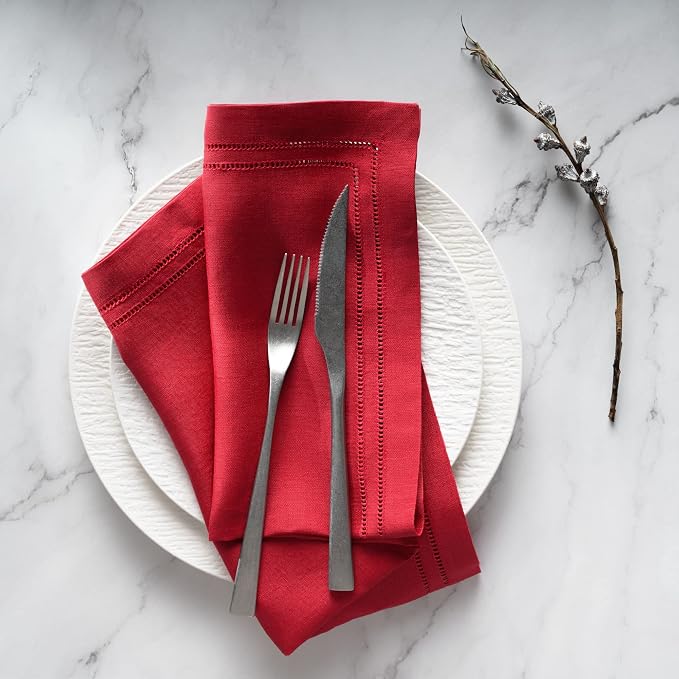 Red Linen Napkins 20 x 20 inch - 100% Linen Double Hemstitch Dinner Napkins Set of 4 - Cloth Napkins Washable Perfect for Summer, Father's Day, 4th of July - Image 2