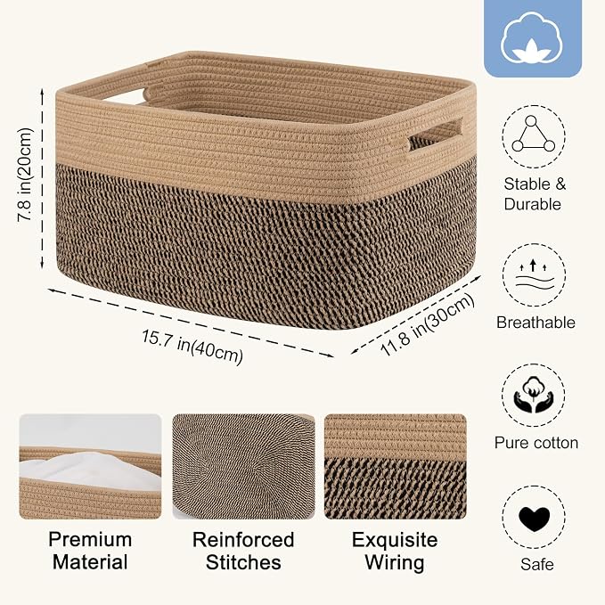 4 Pack Storage Baskets for Organizing, Woven Baskets for Shelves - Perfect for Toys, Books, Towels, and Clothes, Durable Gift Basket Bins Toy Storage, 15.7''Lx11.8''Wx7.8''H, Black and Brown - Image 2
