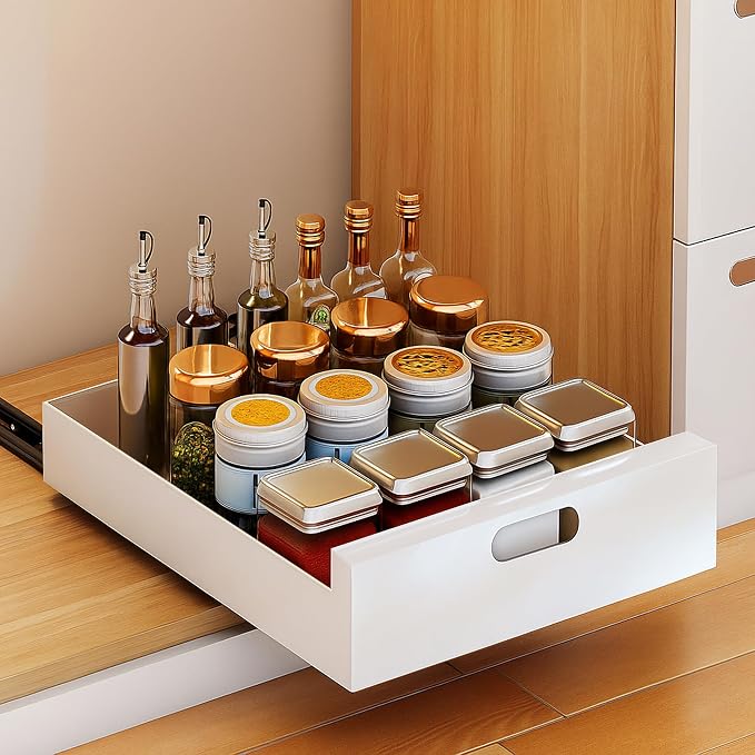 bealy 21'' Deep Pull Out Cabinet Organizer Adhesive, 10'' Wide Roll Out Cabinet Drawers for Face Frame or Frameless Cabinets, Sturdy Carbon Steel Kitchen Organizer Shelf for Pantry, Kitchen, Bathroom by bealy
