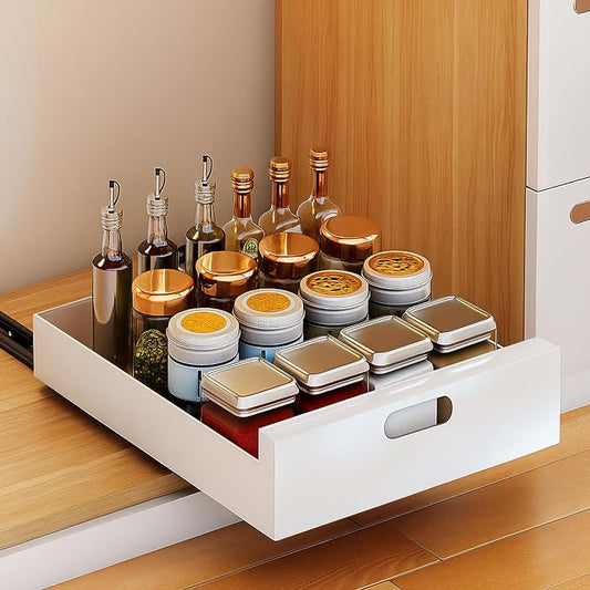 bealy 21'' Deep Pull Out Cabinet Organizer Adhesive, 10'' Wide Roll Out Cabinet Drawers for Face Frame or Frameless Cabinets, Sturdy Carbon Steel Kitchen Organizer Shelf for Pantry, Kitchen, Bathroom by bealy