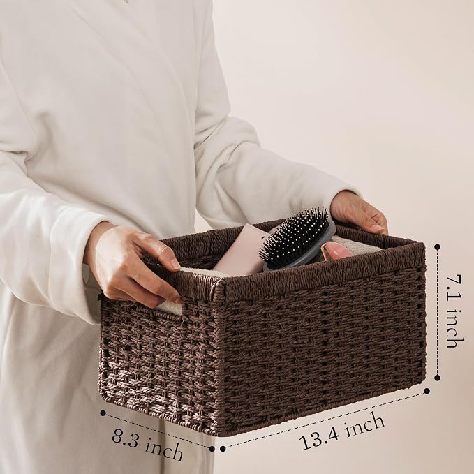 UBBCARE 2 Pack Wicker Basket, 13.4L×8.3H×7.1W inch Woven Paper Rope Storage Baskets for Shelves, Foldable Rectangular Storage Baskets with Handle, Storage Basket for Organizing, Dark Brown - Image 3