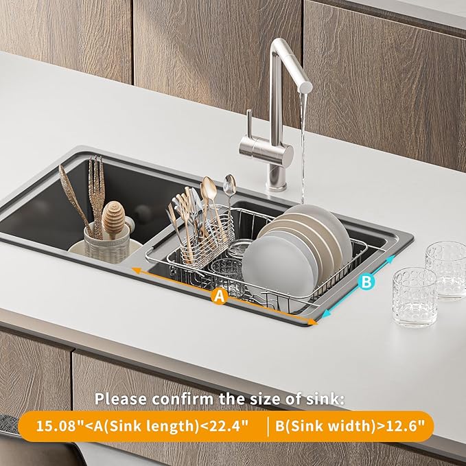 JAQ Over Sink Dish Drying Rack for Medium to Large Sink, Expandable 15.08"–22.4", Adjustable 304 Stainless Steel Dish Drainer with Utensil Holder, Large Capacity Holds Up to 13 Plates - Image 3