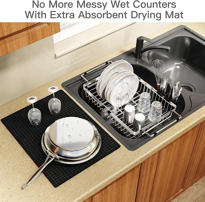Dish Drying Rack Over The Sink with Utensil Holder, Mat | Expandable Stainless Steel Dish Drainer for Small Kitchen, Apartment, RV, Counter Space Saving, Perfect Fit, Rustproof - Image 6