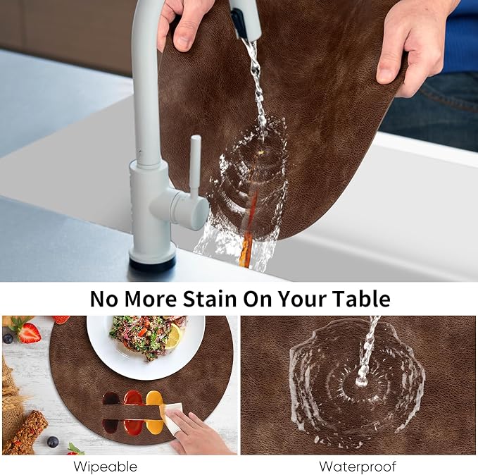ADRIMER Placemats, Heat Resistant Round Placemats Set of 6 Washable, Waterproof Table Mats, Wipeable Faux Leather Place Mats for Kitchen, Dining Room, Brown - Image 4