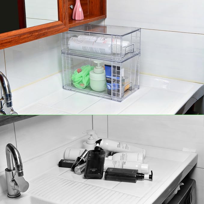 Small Stackable Clear Acrylic Storage Drawers(2 Pack) with Handles,Plastic Organizer Bins for Fridge Bathroom Kitchen Cabinet Pantry Coffee bar Undersink Office Closet Storage Bins - Image 8