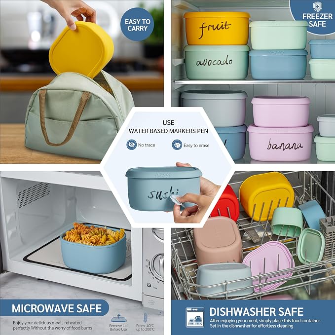 ISSEVE 12Pcs/Set Nesting Silicone Food Storage Containers with Lids | BPA-free, Reusable, Meal Prep Containers, Small Freezer Portions, Dishwasher Cleaning, Nested Cabinet Storage, 5 Sizes, Blue - Image 6