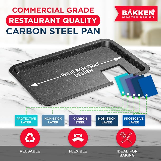 BAKKEN Kitchen Baking Pans - Nonstick Gray Coating, 13.18’’ × 8.66’’ Commercial Grade Carbon Steel Cookie Sheet, Baking Kitchen Essentials, PFOA, PFOS, PTFE Free, Oven Safe Tray (450° F), Gray Marble - Image 2