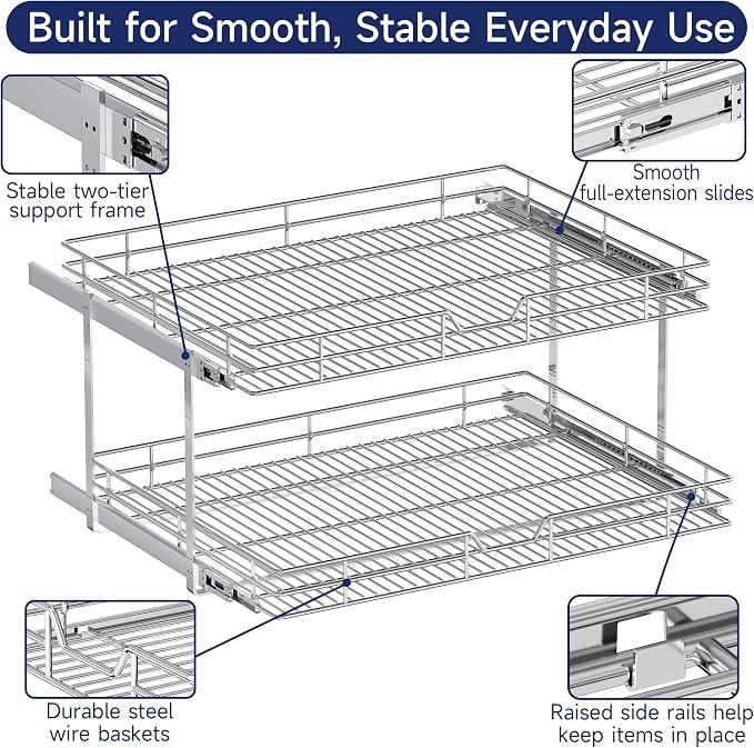 2-Tier Pull Out Cabinet Organizer, 30" W x 21.5" D, Heavy Duty Dual Slide Out Shelves for Wide Base Cabinets, Chrome Wire Basket Drawer for Pots, Pans, Pantry & Cleaning Supplies - Image 5