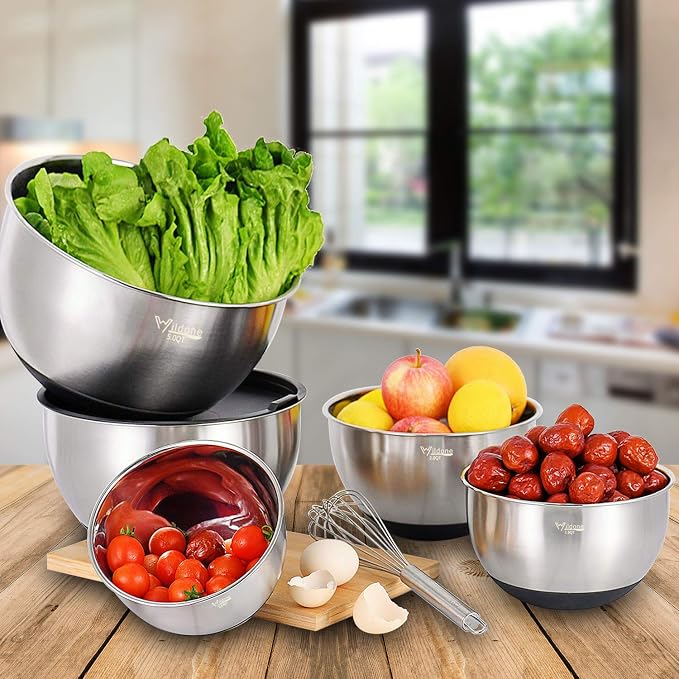 Wildone Mixing Bowls with Airtight Lids Set, 5PCS Stainless Steel Nesting Bowls for Kitchen, with Grater Attachments & Non-Slip Bottoms, Size 5, 3, 2, 1.5, 0.63 QT, Great for Mixing & Serving - Image 6