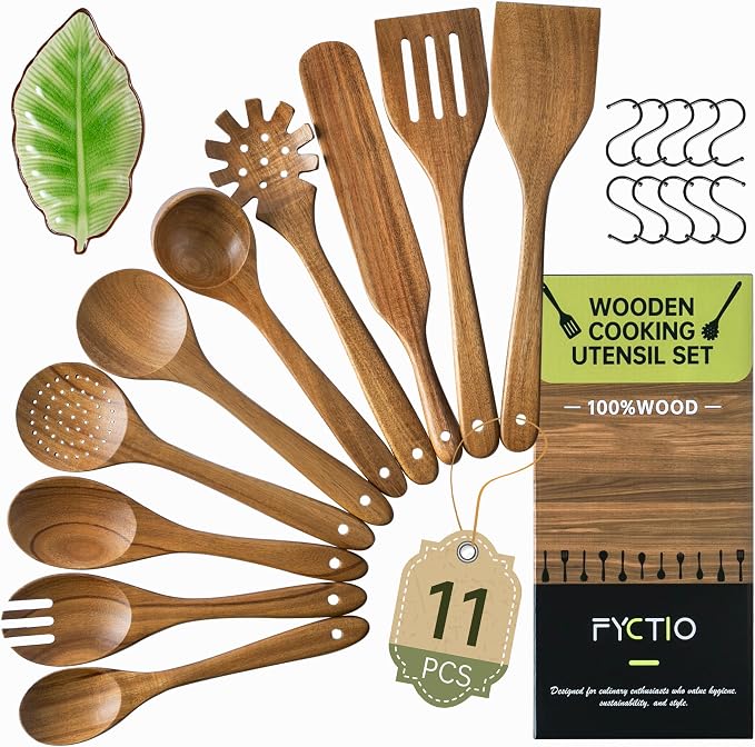 11 PCS Natural Acacia Wooden Utensil Set Wooden Spoons for Cooking | Non-Toxic, Nonstick Friendly, Sturdy & Easy to Clean, With Ceramic Spoon Rest & 10 Hooks, Ideal Housewarming Gift by FyctioHome