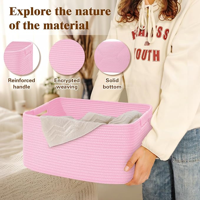 4 Pack Large Storage Basket for Organizing, 17.5"x13"x7" Woven Basket for Shelves, Closet Cube Storage Bins with Wrapped Handle, Cotton Rope Baskets for Kitchen, Clothes, Toys(Light Pink) - Image 4