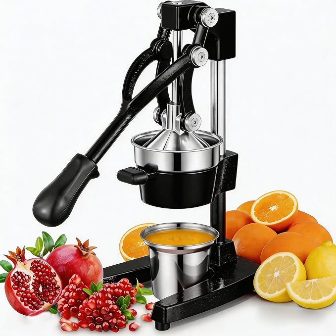 Commercial Heavy Duty Cast Iron Hand Press Manual Orange Citrus Lemon Lime Grapefruit Pomegranate Fruit Juice Squeezer Machine with Stainless Steel Cup Black by Gowintech