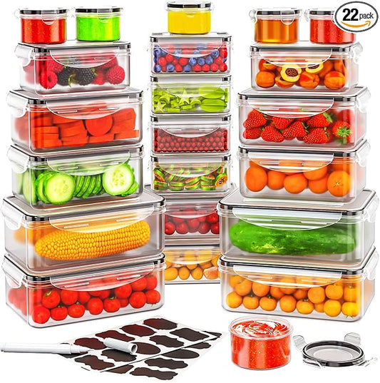 44 PCS Food Storage Container with Lid (22 Lids & 22 Containers) - Airtight Leakproof Plastic Kitchen Organization Set Reusable Microwave/Freezer/Dishwasher Safe Meal Prep Container with Label & Pen by JSCARES