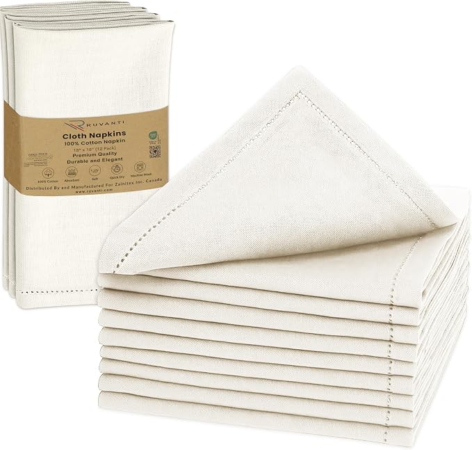 Ruvanti Cloth Napkins Set of 12, 100% Cotton High GSM 18x18 Inches, Hem Stitched Corners, Soft, Washable, Durable & Absorbent, Perfect for Parties, Christmas, Thanksgiving Dinners – Antique White by Ruvanti