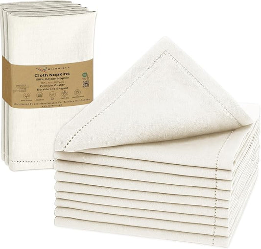 Ruvanti Cloth Napkins Set of 12, 100% Cotton High GSM 18x18 Inches, Hem Stitched Corners, Soft, Washable, Durable & Absorbent, Perfect for Parties, Christmas, Thanksgiving Dinners – Antique White by Ruvanti