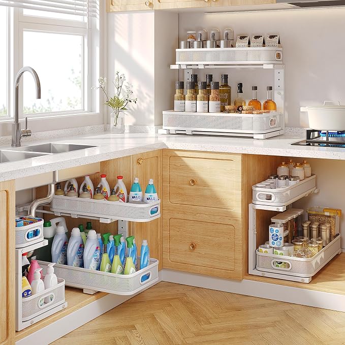 2 Pack 19.3IN-Depth Under Sink Organizer with Smooth Cylindrical Rail,2-Tier Pull Out Multi-Purpose Cabinet Storage for Bathroom&Kitchen,Height Adjustable,Rust-Resistant Coating-White - Image 7