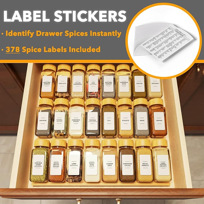 SpaceAid Bamboo Spice Drawer Organizer with 24 Spice Jars, 378 White Minimalist Spice Labels, 3 Tier Seasoning Rack Tray Insert for Kitchen Drawers, 15" Wide x 15" Deep x 2.6" Tall - Image 3