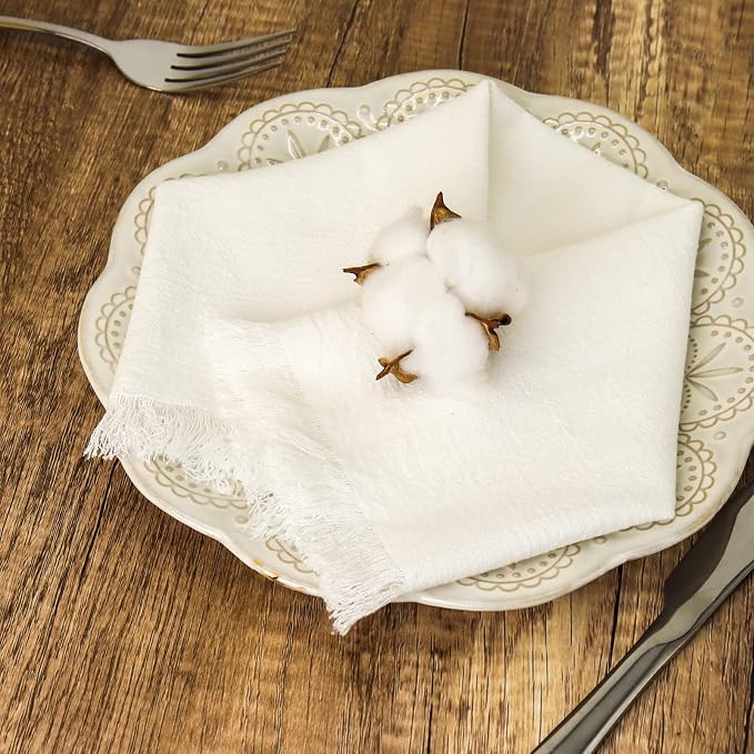 Handmade Cloth Napkins with Fringe,18 x 18 Inches Cotton Linen Napkins Set of 6 Versatile Handmade Square Rustic Fringe Napkins for Dinner, Wedding and Parties, White - Image 3