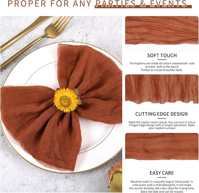 100 Pieces Cloth Napkins Terracotta Dinner Cheesecloth Napkins for Wedding,Wrinkled Cloth Napkins Bulk for Home Party Rustic Table Decoration, 17 x 17 Inch - Image 3