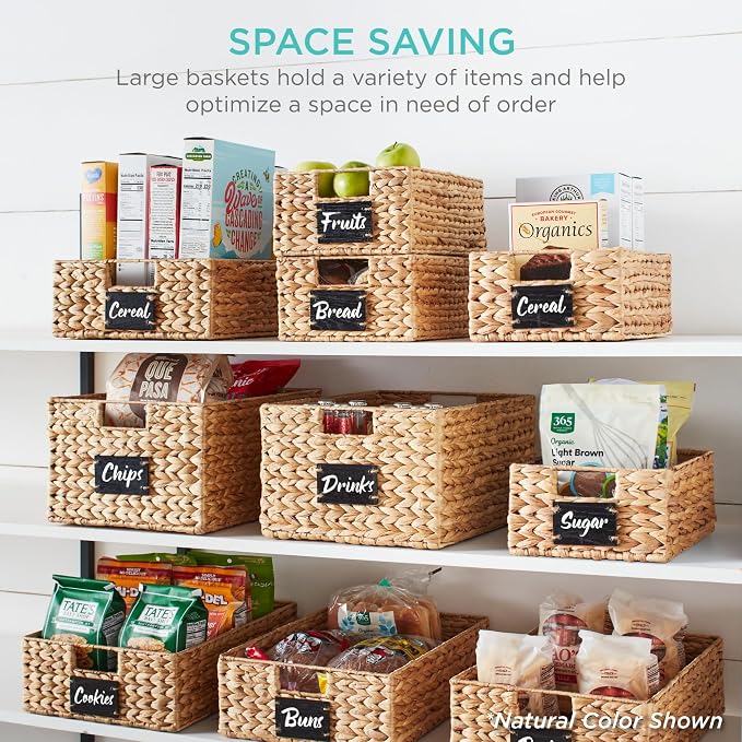 Best Choice Products Set of 4 16x12in Large Water Hyacinth Pantry Baskets, Woven Organizers w/Chalkboard Label, Chalk Marker - Chestnut - Image 4