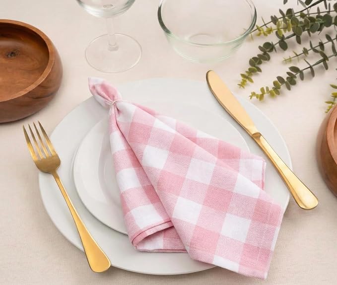 Cloth Napkins Set of 12, Reusable Dinner Napkins for Parties, Weddings, Baby Shower, Christmas Decorations, Everyday Fabric Serviettes for Dining Table, Pink White 18"x18" with Decorative Hemstitched - Image 4