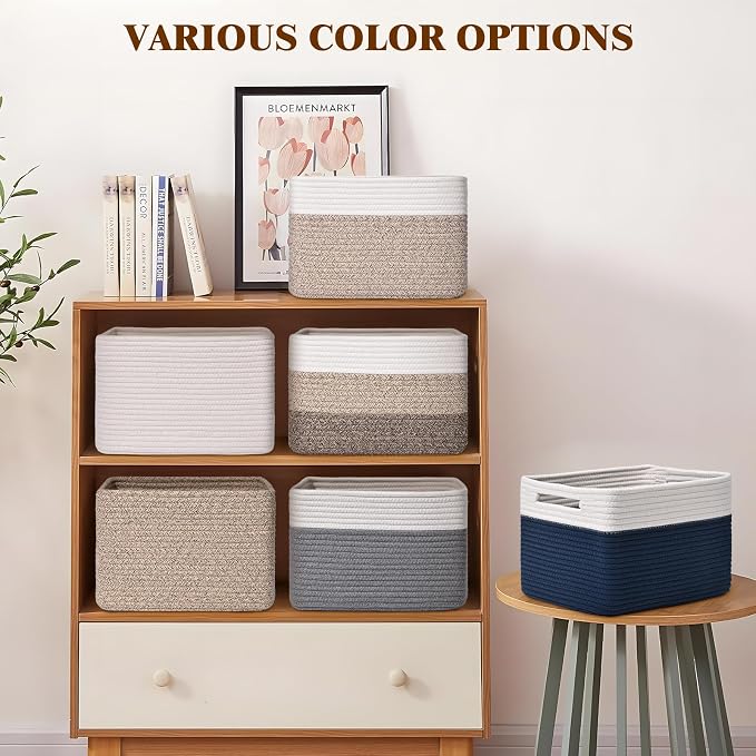 Storage Baskets for Organizing, 4 Pack Baskets for Shelves, Decorative Storage Bins for Shelves, Cotton Rope Storage Basket with Handles, Woven Basket for Storage, 13''Lx8.7''Wx7.9''H, White & Gray - Image 7