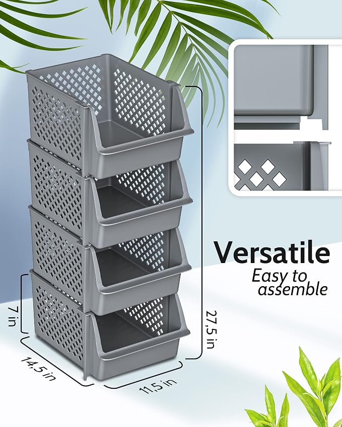 Skywin Stackable Storage Bins Open Front for Pantry Storage, 4 Pack - Grey | Sturdy Plastic, Easy Stacking, Open Front Access, Ventilated Sides, Vertical & Space Saving Pantry Organizers and Storage Bin - Image 2
