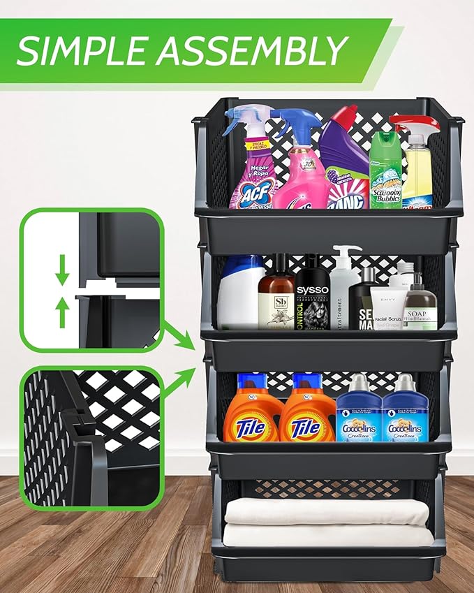 Large Stackable Storage Bins Open Front for Pantry Storage, 4 Pack - Black | Sturdy Plastic, Easy Stacking, Open Front Access, Ventilated Sides, Vertical & Space Saving Pantry Organizers and Storage Bin - Image 2