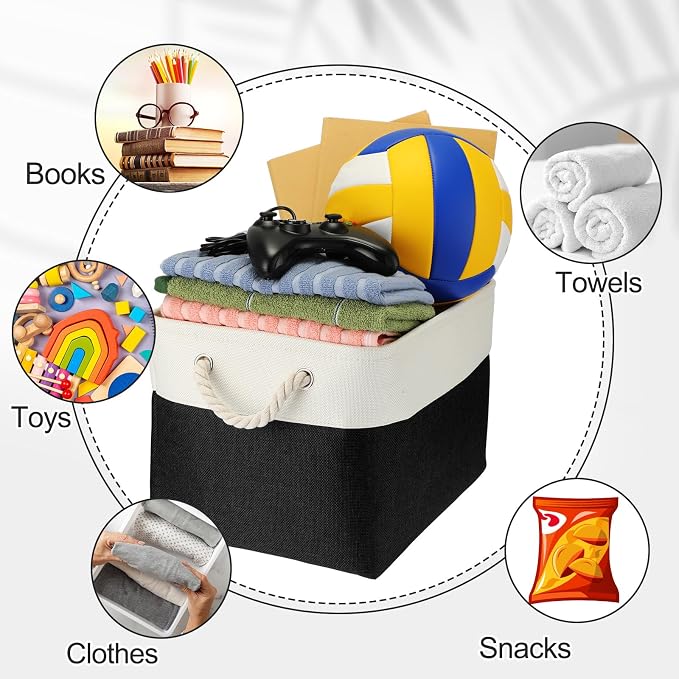 meekoo 8 Pack Collapsible Storage Bins Fabric Storage Bins Polyester Fabric Baskets with Handles Linen Closet Organizer for Shelf Home Closet Towels Toys(15 x 11 x 9.5 in,Black White) - Image 5