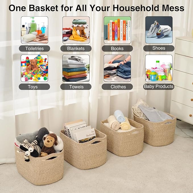 ICERZCZ Woven Cotton Rope Storage Baskets for Organizing & Shelves, Organization Bins for Dog Toys, Clothes, Books, Nursery Organizer, 15"x11"x9", Mixed Brown (4 Packs) - Image 3