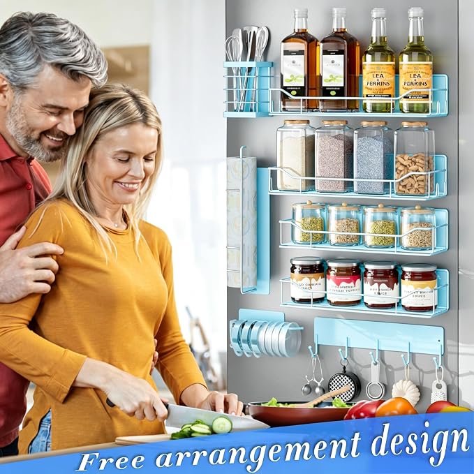 Magnetic Spice Rack for Refrigerator,8 Pack Magnetic Fridge Shelf, Moveable Spice Organizer with Hook Rack, Paper Towel Holder, Utensil Holder,cup lid holder, Super Magnetic Rack Set (Blue) - Image 5