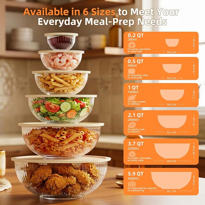Glass Mixing Bowls with Lids Sets - 6 Packs Size: 5.9-3.7-2.1-1-0.5-0.2QT, Borosilicate Nesting Glass Bowls Containers for Baking,Salad,Meal Prep,Serving,Food Storage,BPA Free & Dishwasher Safe - Image 3