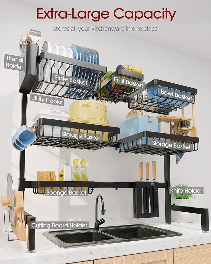 Sakugi Dish Drying Rack Over The Sink, Dish Drainer for Kitchen Counter | Stainless Steel Storage Organizer with Utensil Knife Holder & Hooks, Adjustable 11.8"Dx31.5"~39"Wx30"H, Black - Image 4