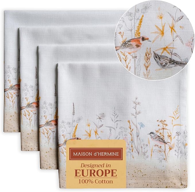 Maison d' Hermine Cloth Napkins Set of 4 Reusable 100% Cotton (20" x 20") | Everyday Square Napkins Cloth Washable Dinner Party Wedding Restaurant Hotel Kitchen Spring Summer - Meadow Florals - Beige by MaisondHermine