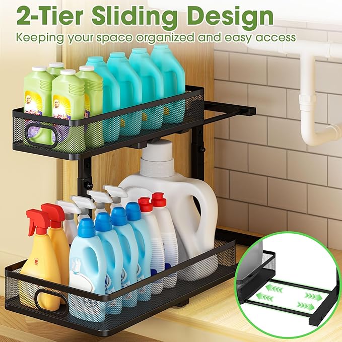 Under Sink Organizer 4-Pack, Metal 2-Tier Pull-Out Cabinet Shelf with Slide-Out Mesh Drawers, Height Adjustable, Space-Saving Storage Racks for Kitchen, Bathroom, Laundry Room - Image 7