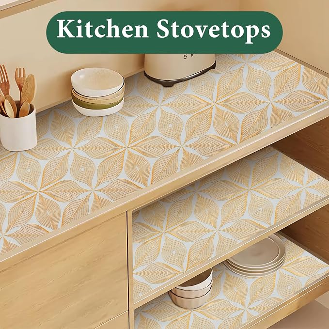 3D Drawer and Shelf Liner for Kitchen Cabinet: 12 in X 20 Ft Waterproof | Shelf Paper Non Adhesive Refrigerator Liners Golden Leaf Easy Liners for Bathroom with Knife Tape Measure - Image 4